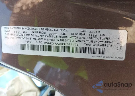 2011 Volkswagen Jetta 2.5L Se z USA, uszkodzony, nr VIN 3VWDX7AJ0BM344471